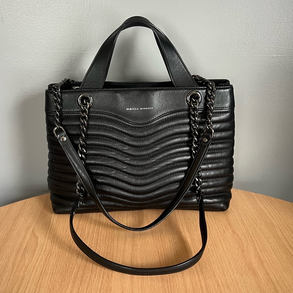 Rebecca Minkoff M.A.B. Black & Gun Metal Hardware Quilted Satchel Bag Purse